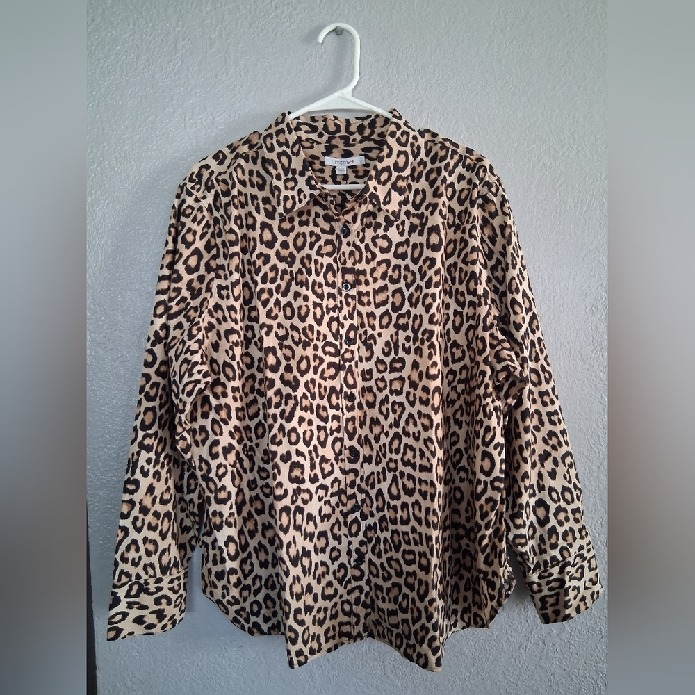 Chico's NWT No Iron Stretch Classic Animal Leopard Button Down Camel 4/20 - Picture 2 of 7
